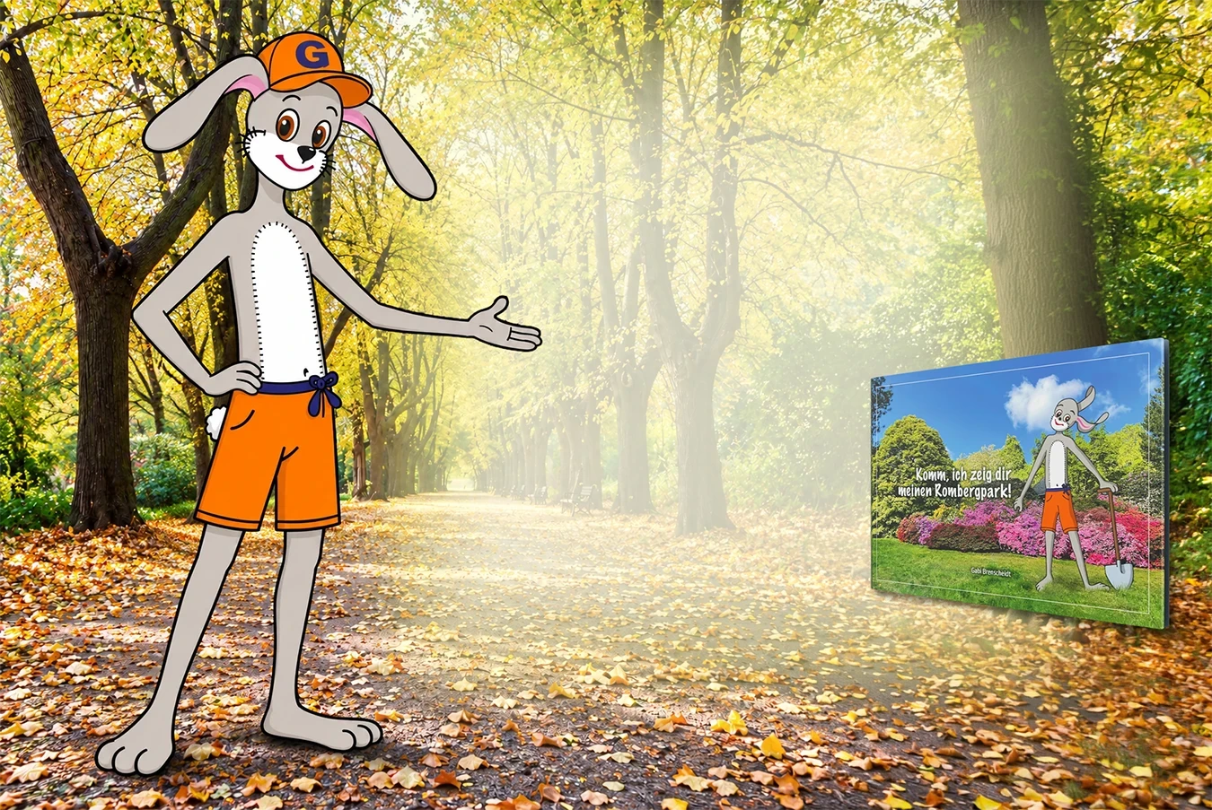 Gisbert lädt im herbstlichen Rombergpark zum Entdecken ein; rechts ist das Buch zu sehen.